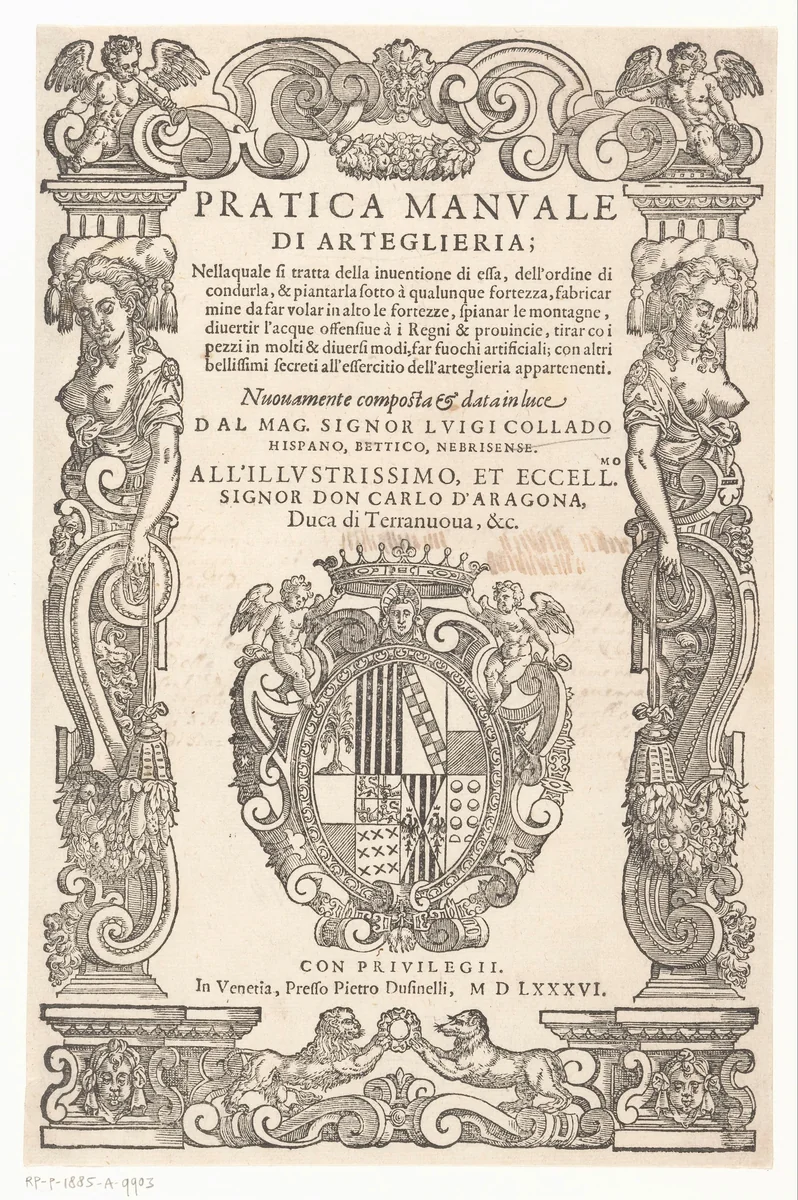 Kariatiden en een wapenschild by anonymous, print, 1586