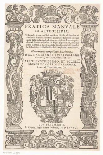 Kariatiden en een wapenschild by anonymous, print, 1586