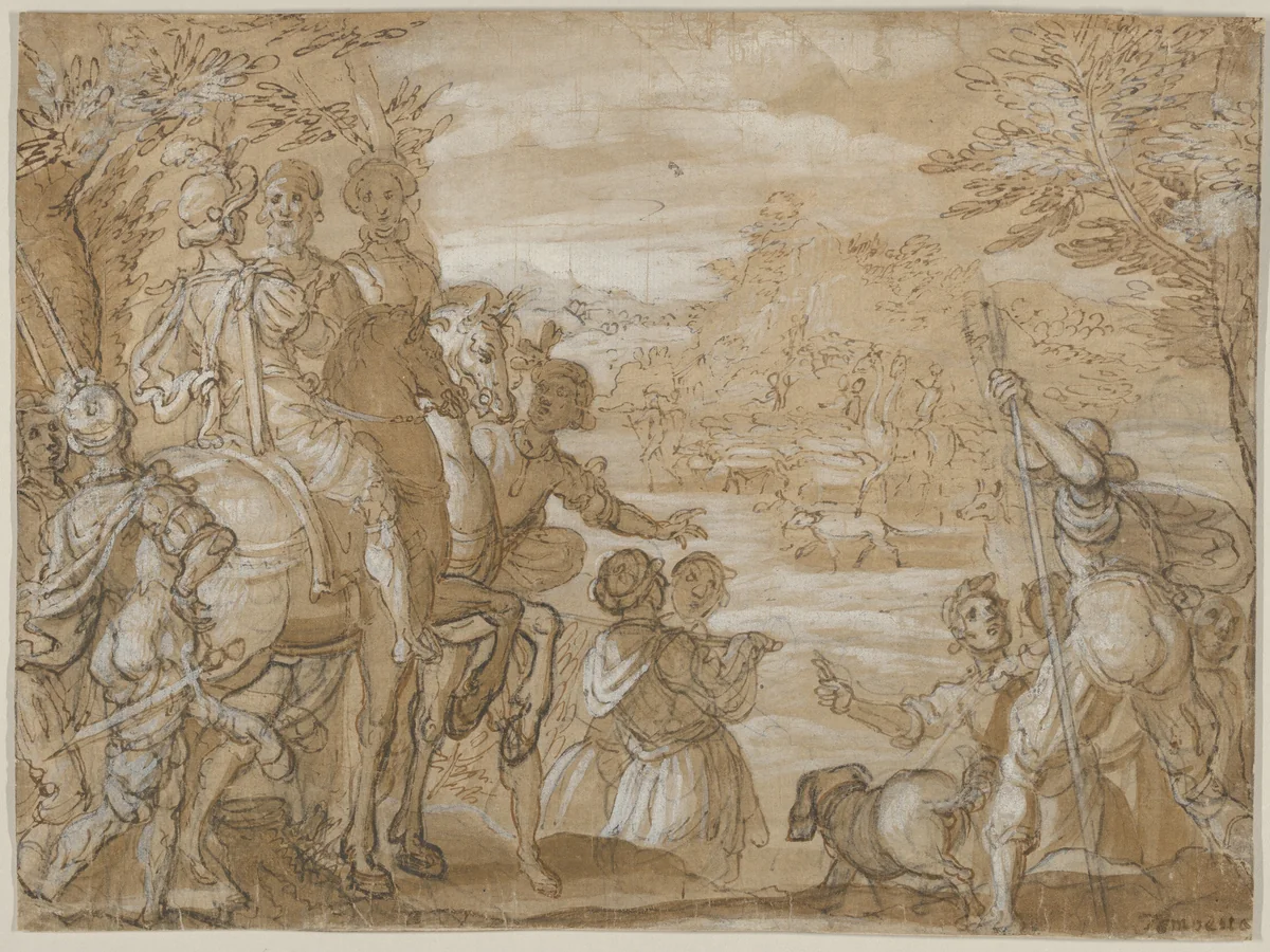 A Hunting Party by Jan van der Straet, drawing, 1550-1570