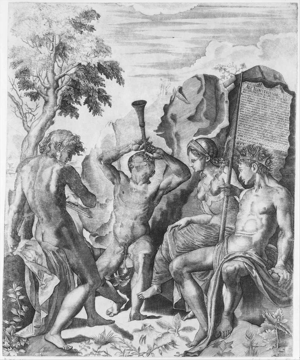 The Competition of Apollo and Marsyas and the Judgment of Midas by Giulio Sanuto, print, 1562