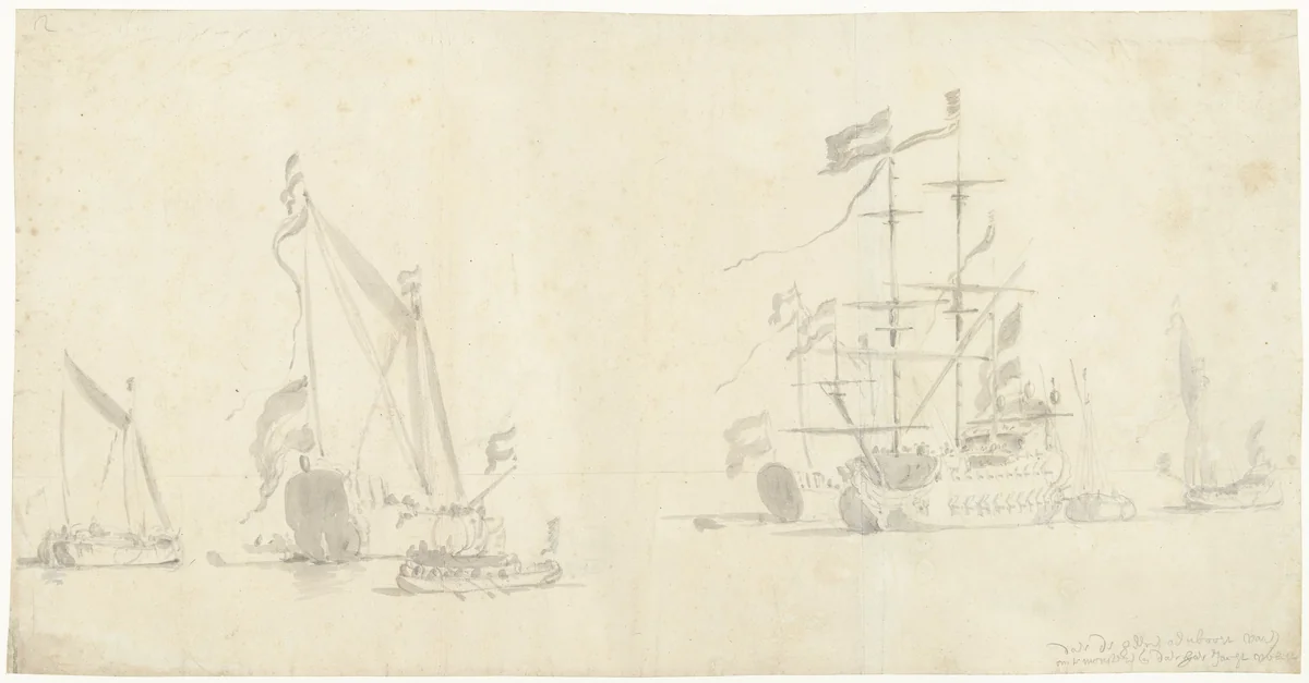 Zeegezicht met schepen, jachten en sloepen by Willem van de Velde, drawing, 1621-1693