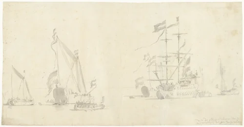 Zeegezicht met schepen, jachten en sloepen by Willem van de Velde, drawing, 1621-1693