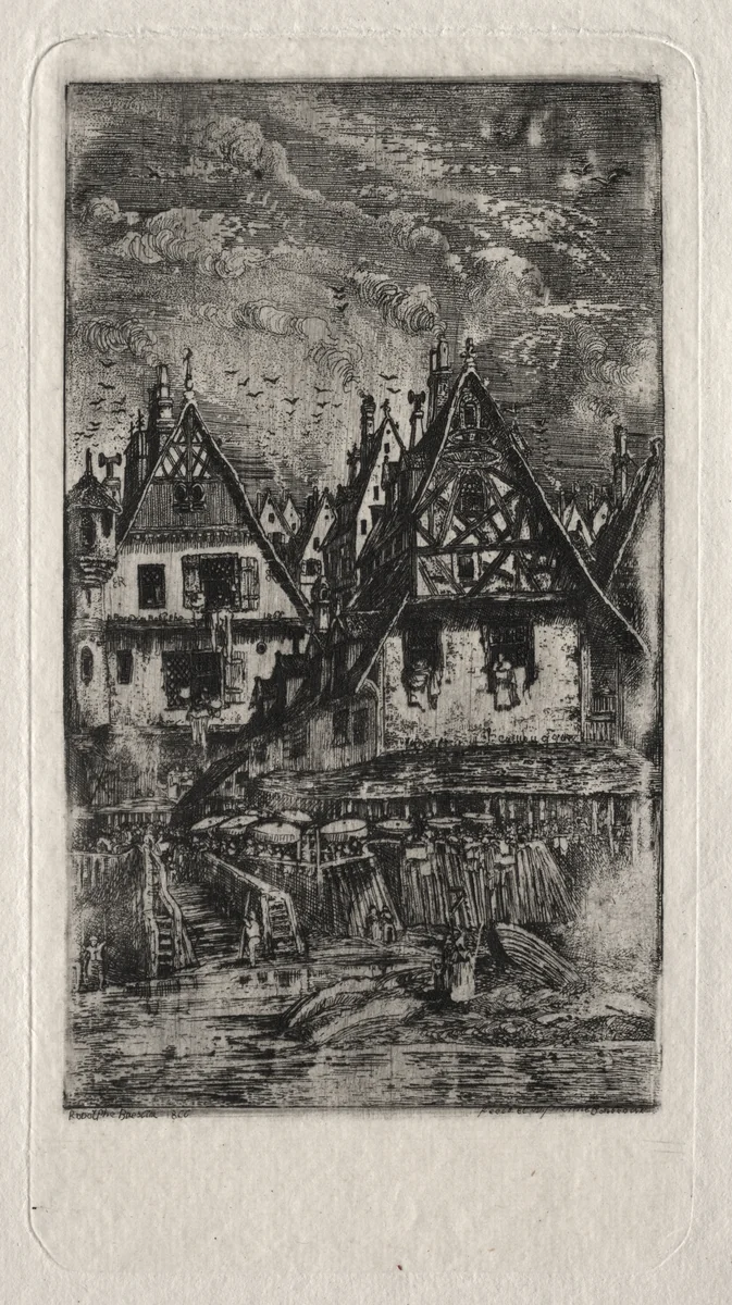 Marketplace with Parasols by Rodolphe Bresdin, print, 1866