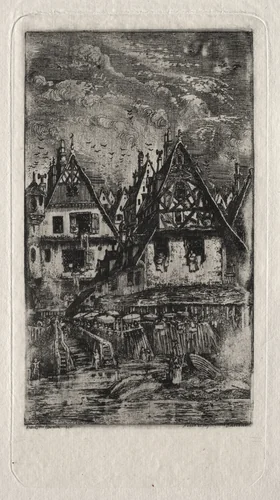 Marketplace with Parasols by Rodolphe Bresdin, print, 1866