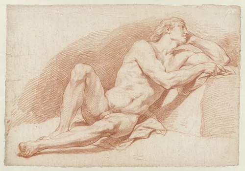 Zittend, steunend mannelijk naakt by Cornelis Joseph d' Heur, drawing, 1717-1762