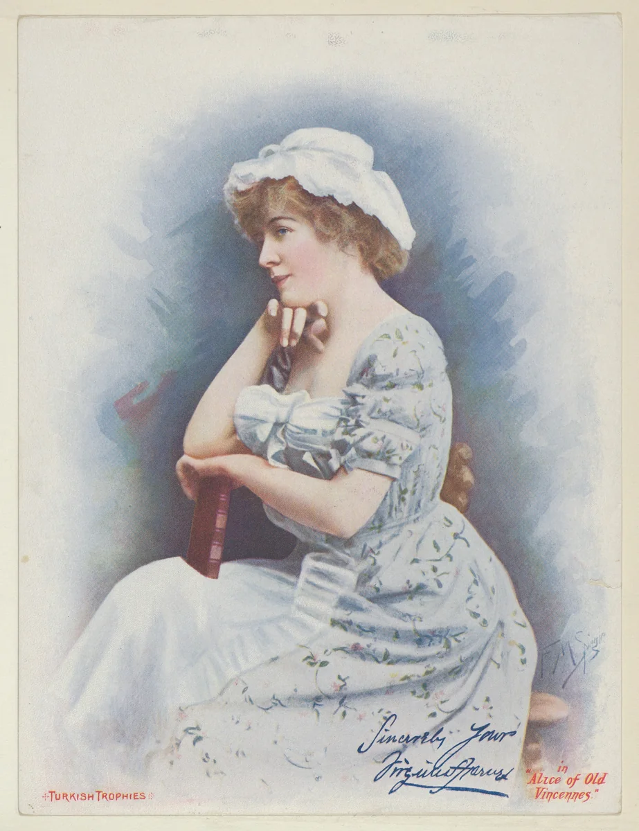 Alice of Old Vincennes, from the Actresses series (T1), distributed by the American Tobacco Co. to promote Turkish Trophies Cigarettes by Frederick Moladore Spiegle, print, 1900