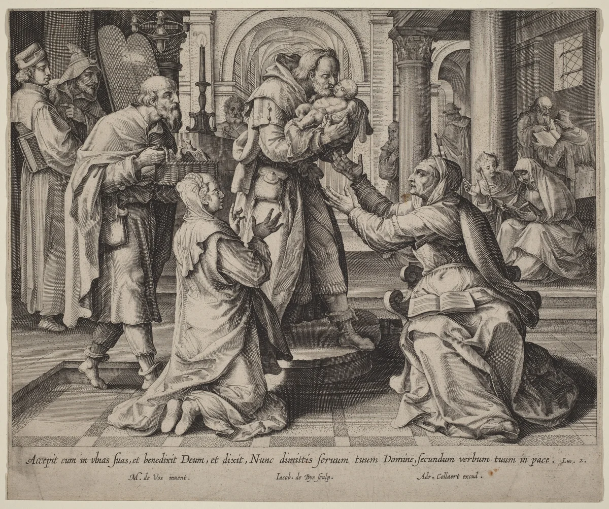 Presentation in the Temple by Jacques de Bie; Maarten de Vos; Adriaen Collaert, print, 1581-1640