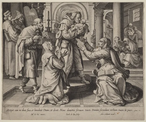 Presentation in the Temple by Jacques de Bie; Maarten de Vos; Adriaen Collaert, print, 1581-1640