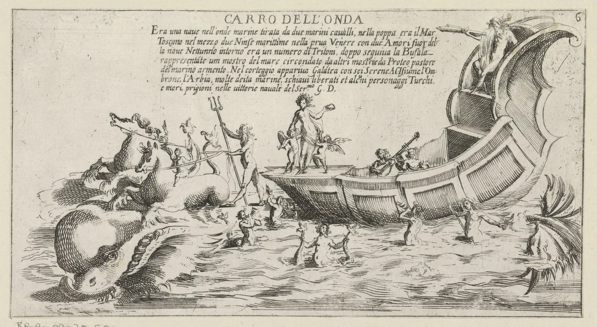 Triomfwagen van het Sienese district Onda by Bernardino Capitelli, print, 1632-1640