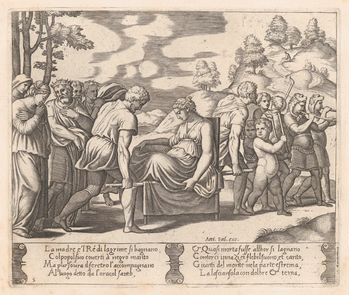 Plate 5: Psyche, seated, being taken to a mountain with a musical troupe leading the way, from "The Story of Cupid and Psyche as told by Apuleius" by Master of the Die, print, 1530-1560