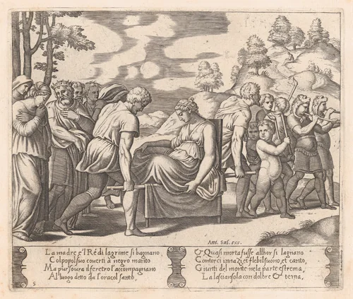 Plate 5: Psyche, seated, being taken to a mountain with a musical troupe leading the way, from "The Story of Cupid and Psyche as told by Apuleius" by Master of the Die, print, 1530-1560