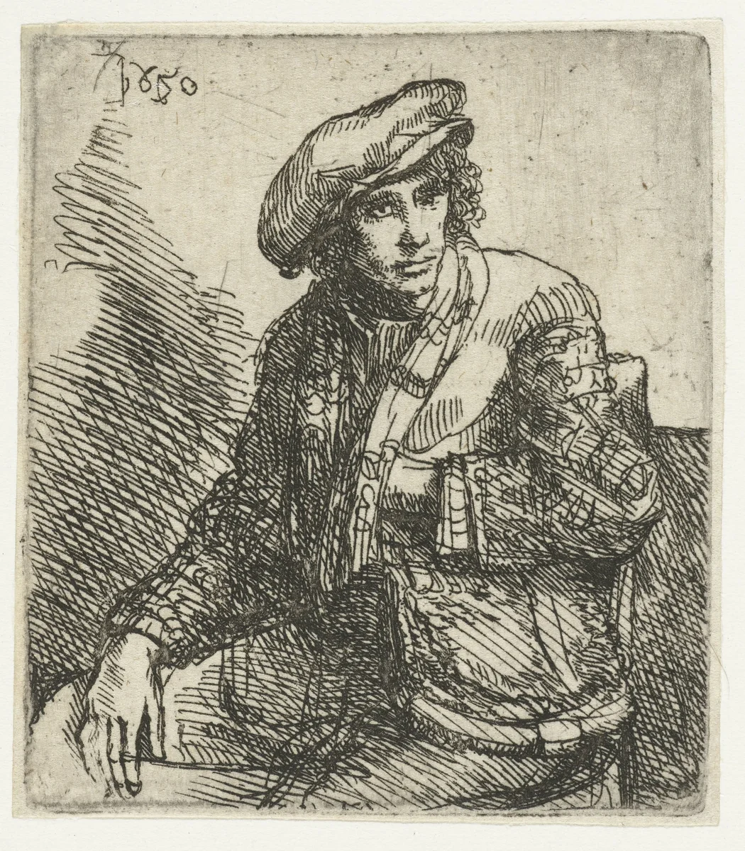 Zittende jongeman met een tas by anonymous, print, 1650