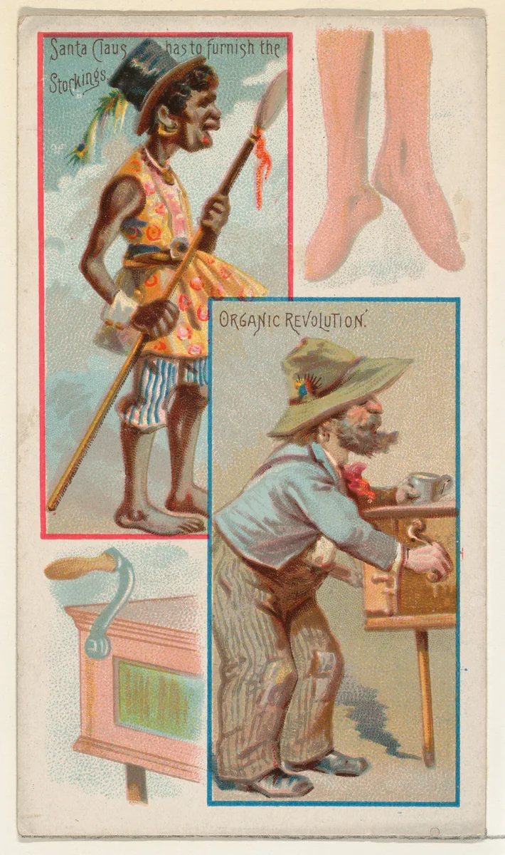 Caricatured figures / Santa Claus has to Furnish the Stockings / Organic Revolution, from the Jokes series (N118) issued by Duke Sons & Co. to promote Honest Long Cut Tobacco by W. Duke, Sons & Co., print, 1890-1893