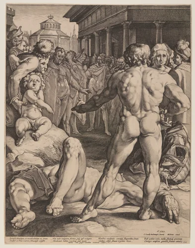 Fight between Ulysses and Irus by Jan Harmensz. Muller, print, 1589