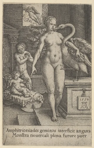 Leda with the Swan and Hercules as a Child, from The Labors of Hercules by Heinrich Aldegrever, print, 1550