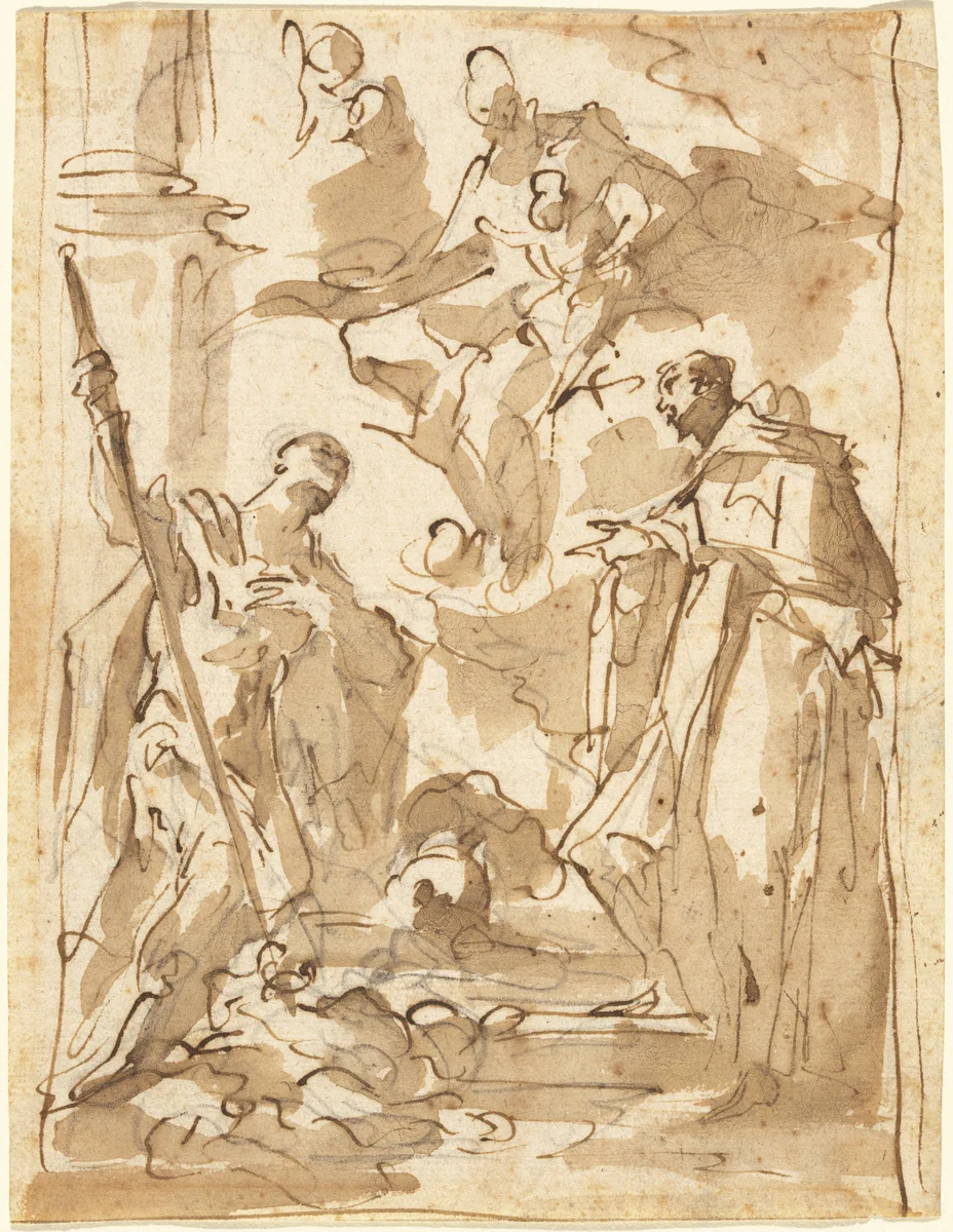The Madonna and Child in Glory with Saint Theodore and a Monastic Saint by Giovanni Antonio Pellegrini, drawing, 1708-1722