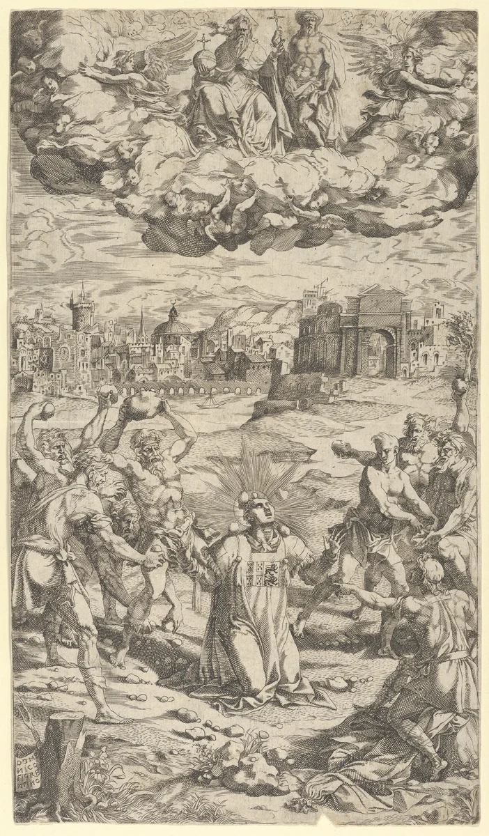 The Stoning of Saint Stephen by Domenico del Barbiere, print, 1540-1560