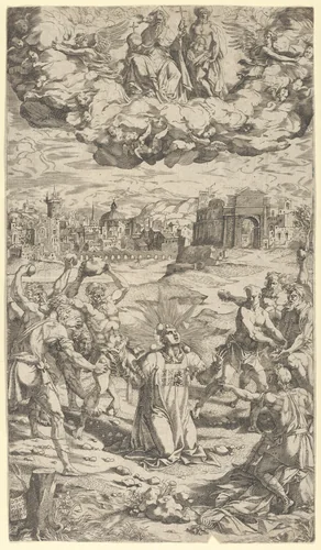 The Stoning of Saint Stephen by Domenico del Barbiere, print, 1540-1560