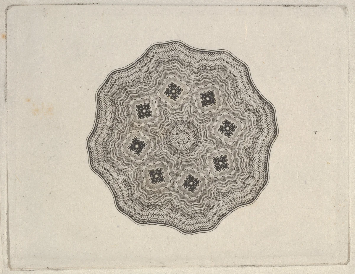 Banknote motif: rounded ornamental lathe work design with a wavy edge by Cyrus Durand, print, 1819-1847
