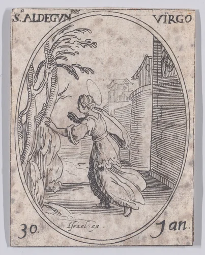 Ste. Aldegonde, vierge (St. Aldegundis, Virgin), January 30th, from "Les Images De Tous Les Saincts et Saintes de L'Année" (Images of All of the Saints and Feast Days of the Year) by Jacques Callot, print, 1636