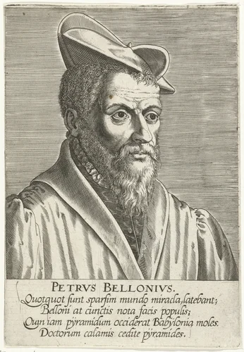 Portret van Pierre Belon by Philips Galle, print, 1587-1606