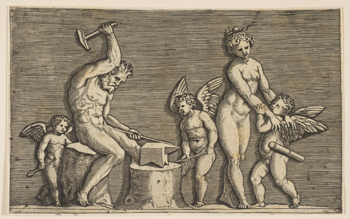 Vulcan seated hammering on an anvil flanked by Venus and three cupids by Marco Dente, print, 1510-1532