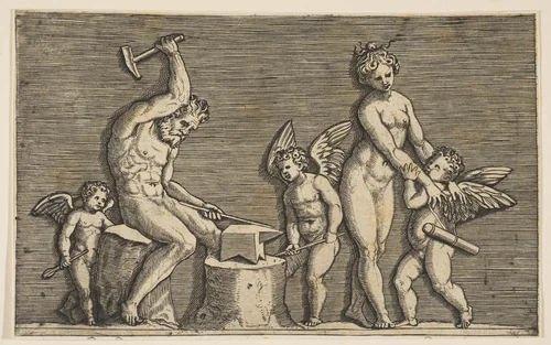 Vulcan seated hammering on an anvil flanked by Venus and three cupids by Marco Dente, print, 1510-1532