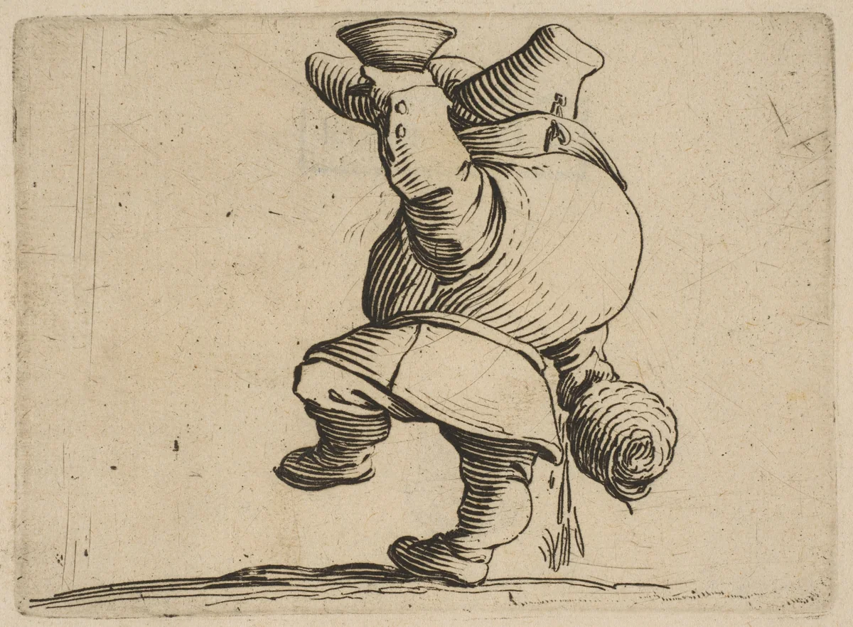 Le Buveur Vu de Dos (The Drinker Seen from Behind), from "Varie Figure Gobbi, suite appelée aussi Les Bossus, Les Pygmées, Les Nains Grotesques" (Various Hunchbacked Figures, The Hunchbacks, The Pygmes, The Grotesque Dwarfs) by Jacques Callot, print, 1616-1622
