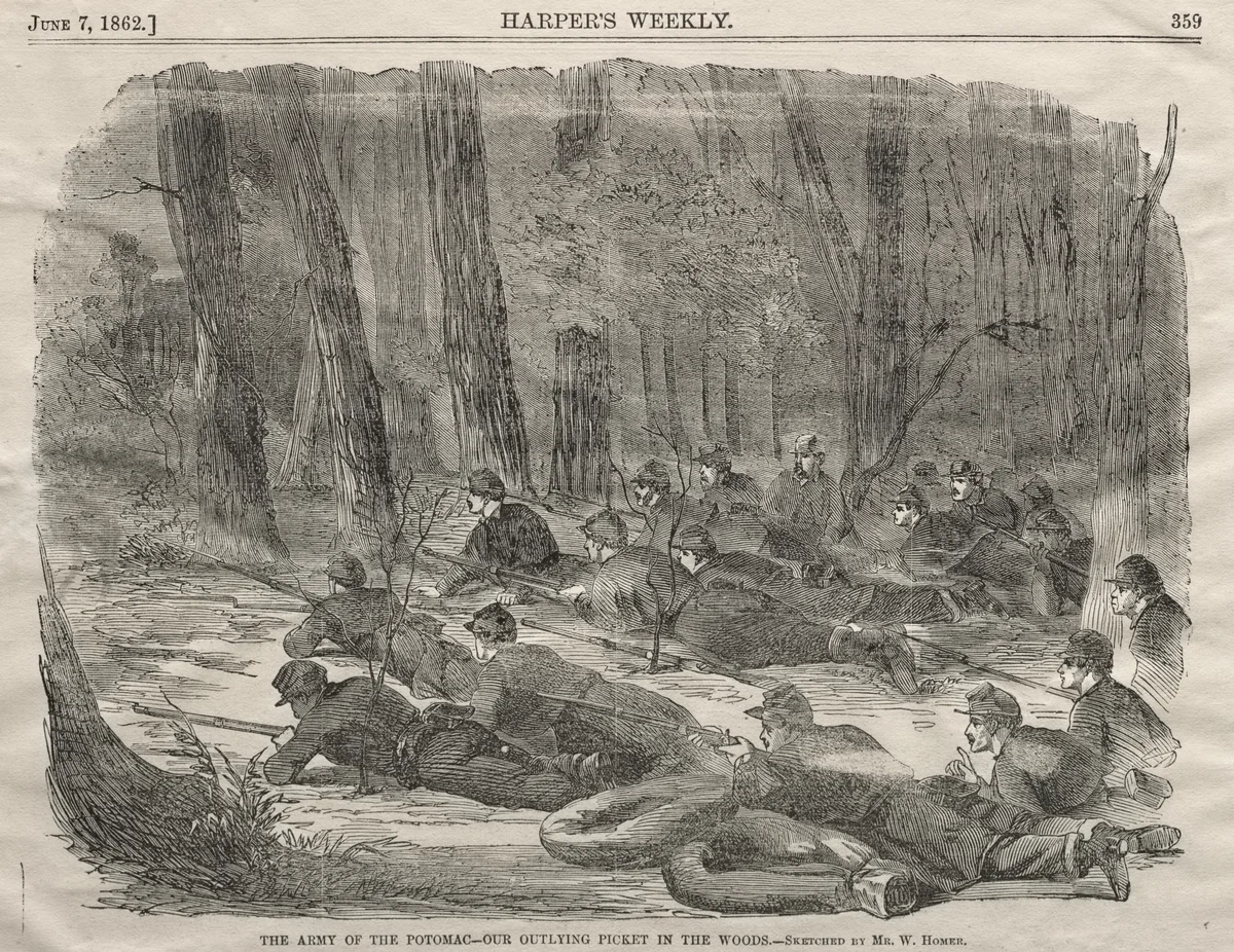 The Army of the Potomac - Our Outlying Picket in the Woods by Winslow Homer, print, 1862