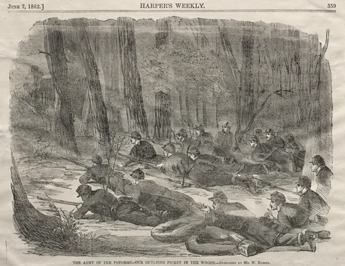 The Army of the Potomac - Our Outlying Picket in the Woods by Winslow Homer, print, 1862