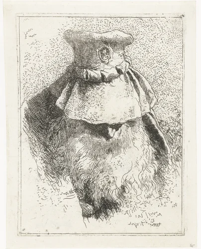 Man met gebogen hoofd en grote hoed by Giovanni Domenico Tiepolo, print, 1757-1758