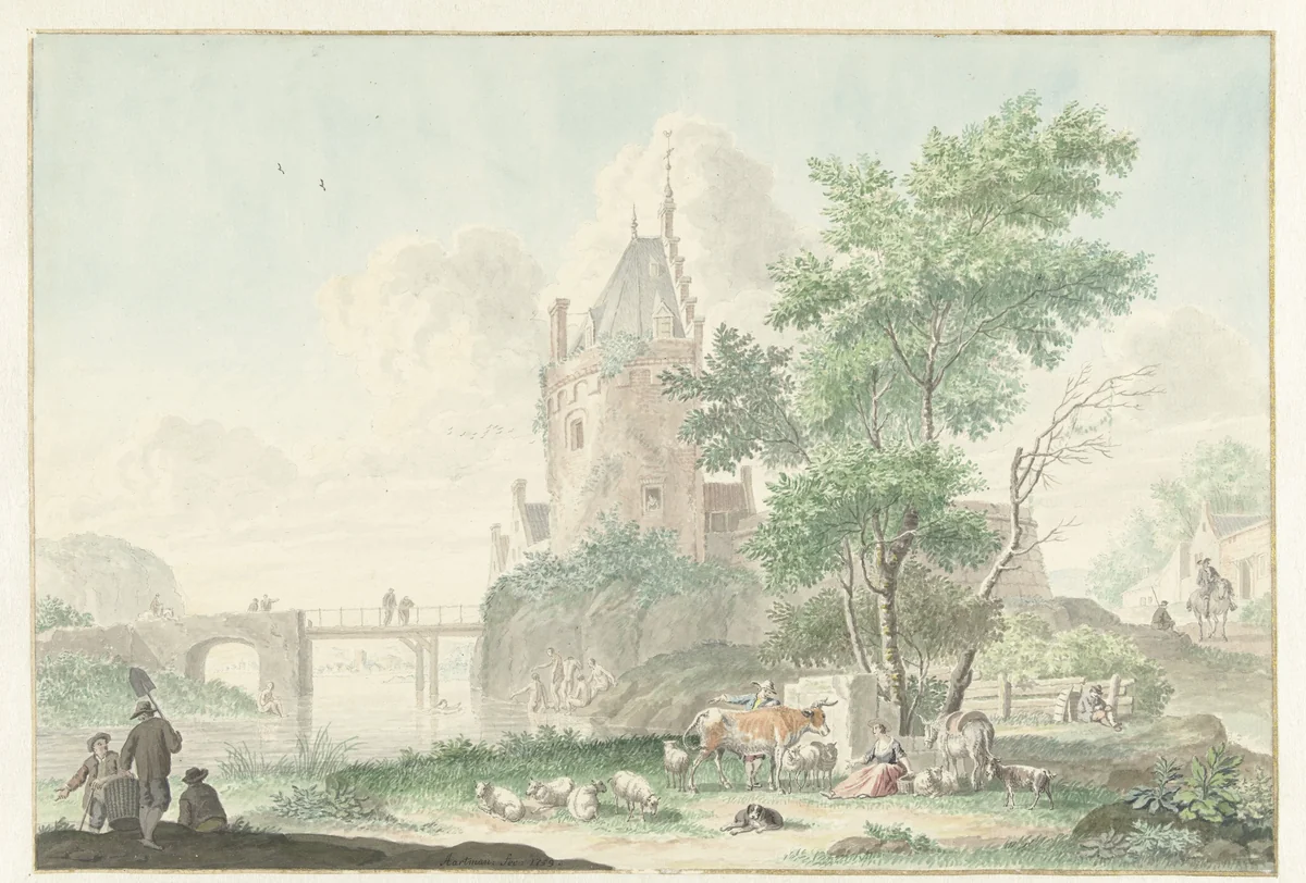Zomerlandschap met figuren en vee by Nicolaes Aartman, drawing, 1759