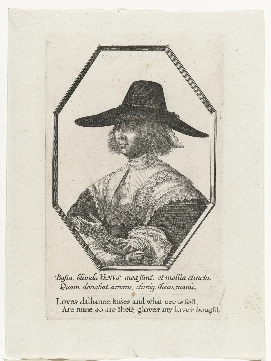 Portret van vrouw met grote donkere hoed en lange handschoenen by Wenceslaus Hollar, print, 1638