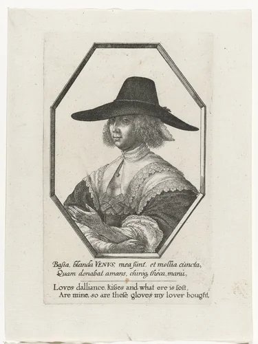 Portret van vrouw met grote donkere hoed en lange handschoenen by Wenceslaus Hollar, print, 1638