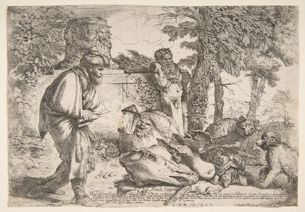 Diogenes searching for a honest man by Giovanni Benedetto Castiglione, print, 1640-1650
