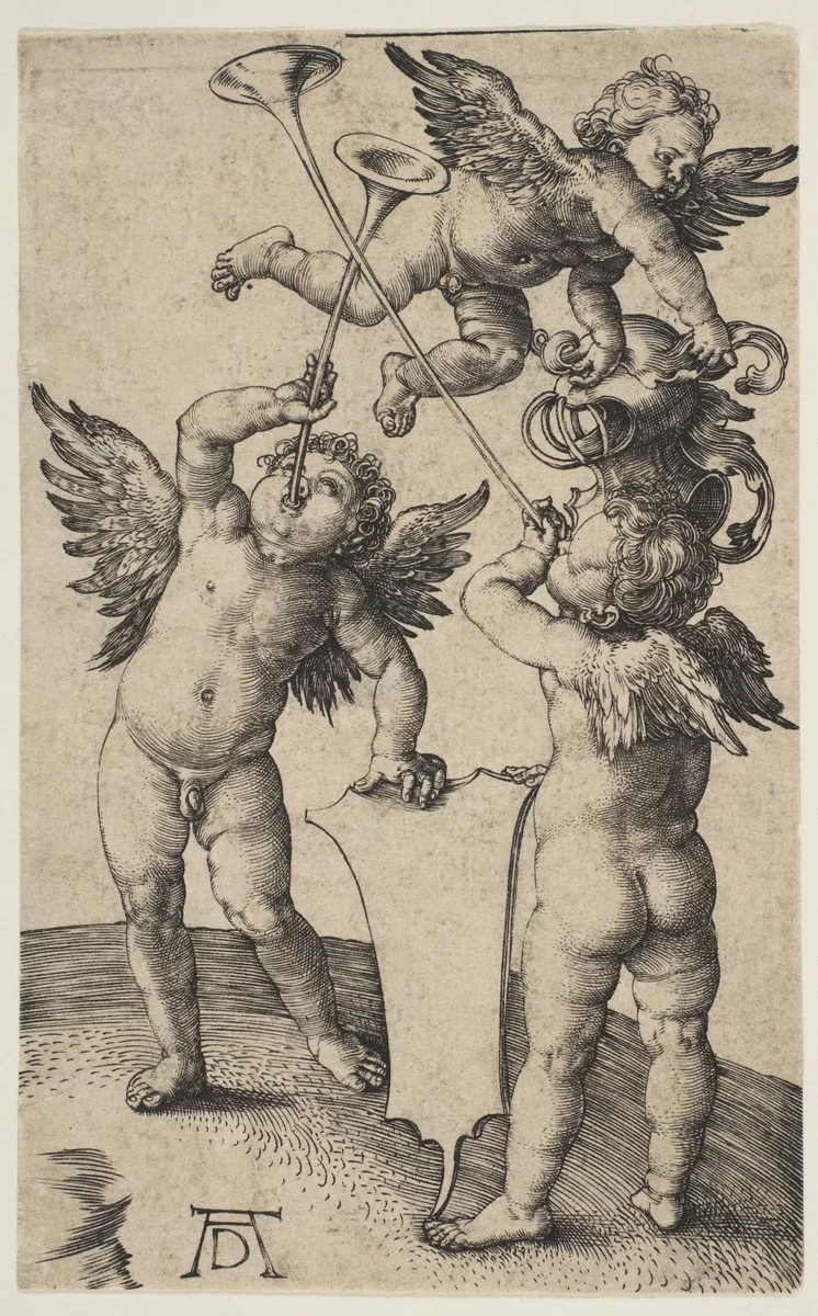 Three Putti with Trumpets by Albrecht Dürer, print, 1500