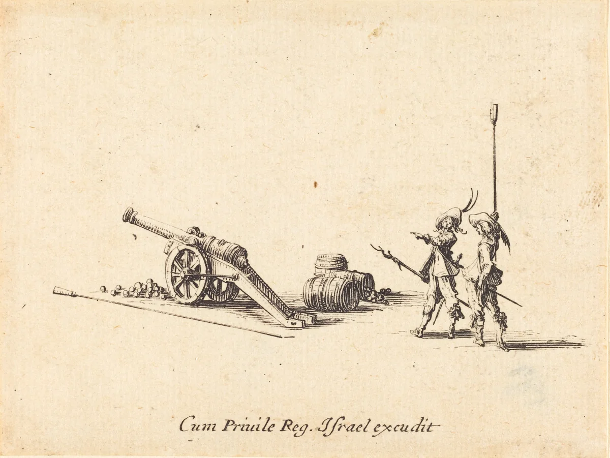 Preparing to Fire the Cannon by Jacques Callot, print, 1634-1635