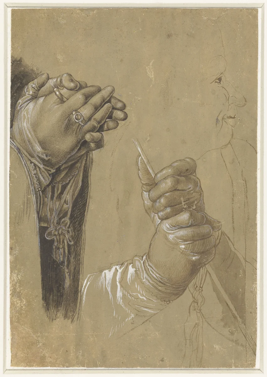 Handen en een profielkop by Unknown, drawing, 1481-1528