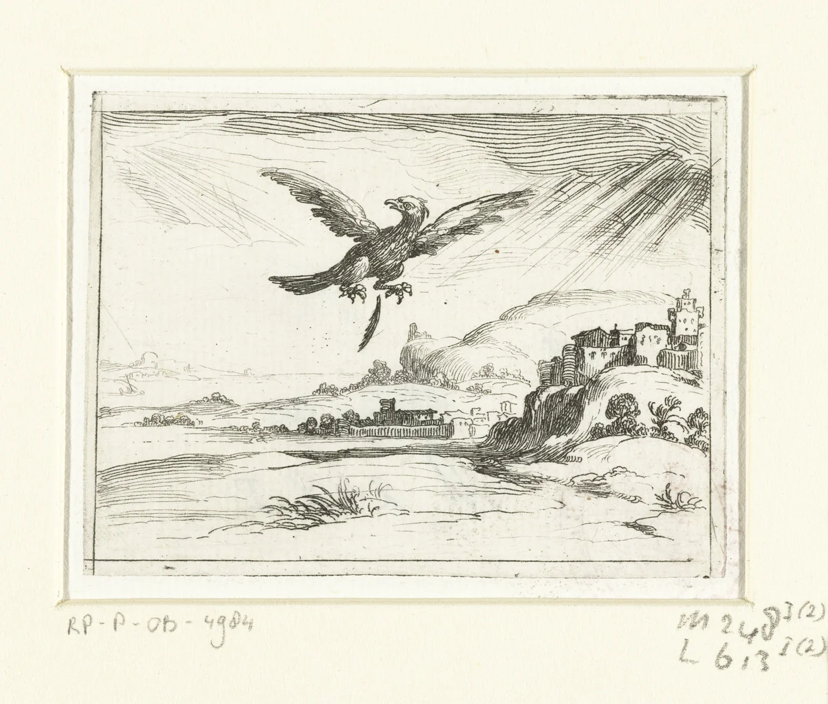 Een adelaar laat een oude veer vallen by Jacques Callot, print, 1621-1635