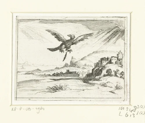 Een adelaar laat een oude veer vallen by Jacques Callot, print, 1621-1635