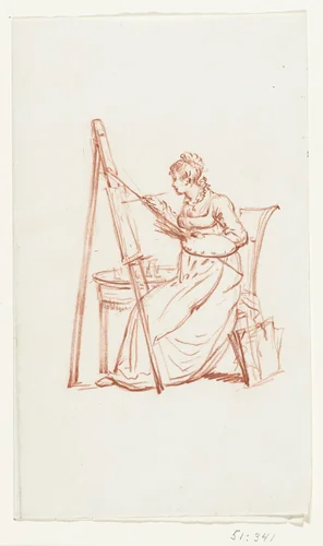 Zittende vrouw, schilderend by Pieter Bartholomeusz. Barbiers, drawing, 1782-1837