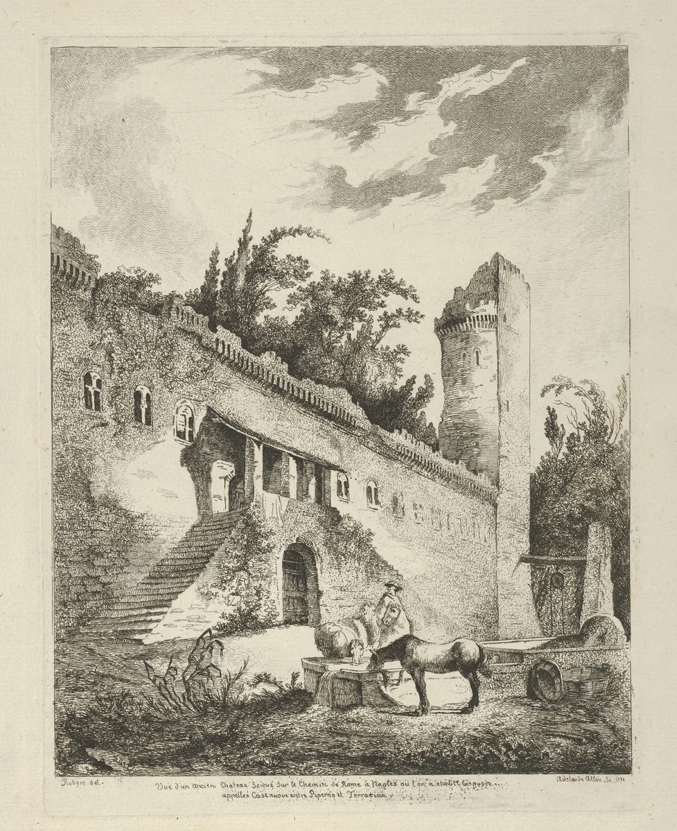 Vue d'un ancien chateau scitué sur le chemin de Rome à Naples from Differentes vues dessiné d'après nature... dans les environs de Rome et de Naples by Adélaide Allou, print, 1700-1799