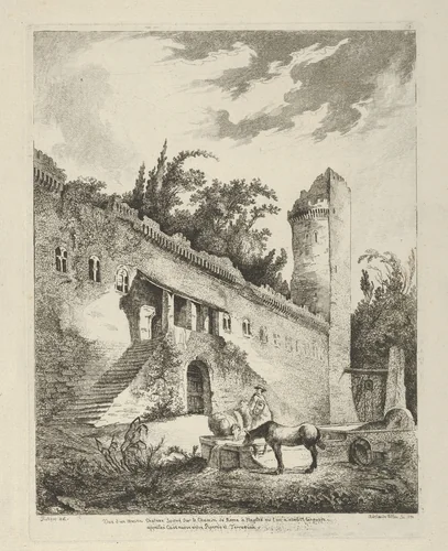 Vue d'un ancien chateau scitué sur le chemin de Rome à Naples from Differentes vues dessiné d'après nature... dans les environs de Rome et de Naples by Adélaide Allou, print, 1700-1799