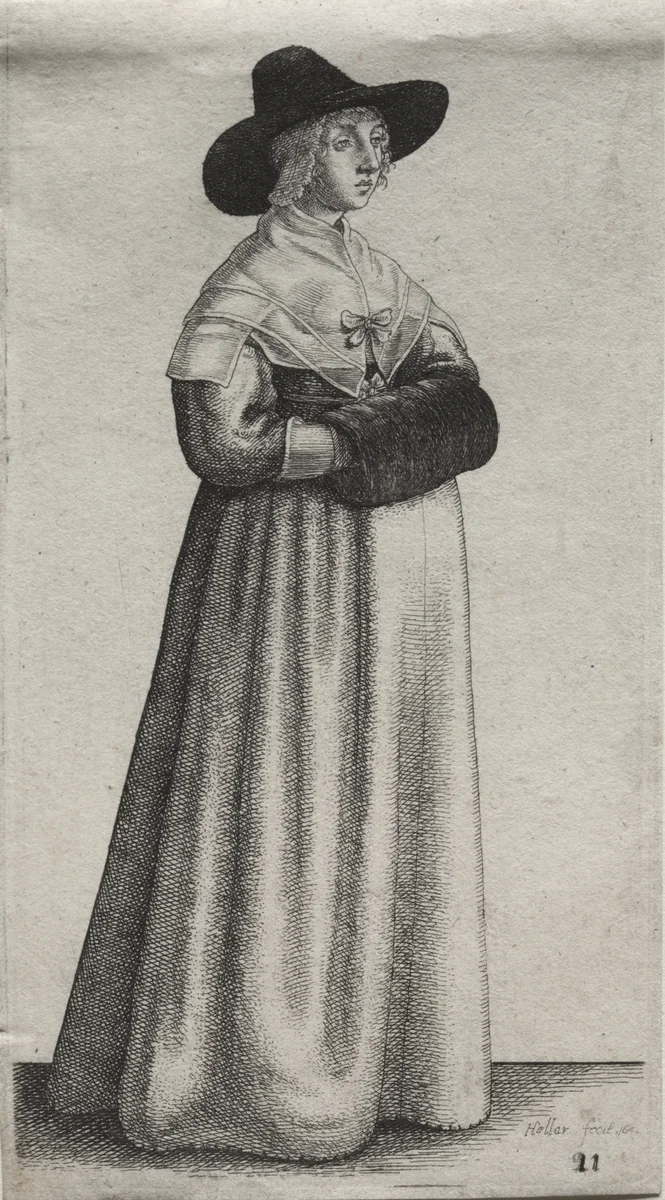 The Several Habits of English Women, from the Nobility to the Country Women as they are in these times: The Woman with a Mannish Hat and Dark Muff by Wenceslaus Hollar, print, 1640