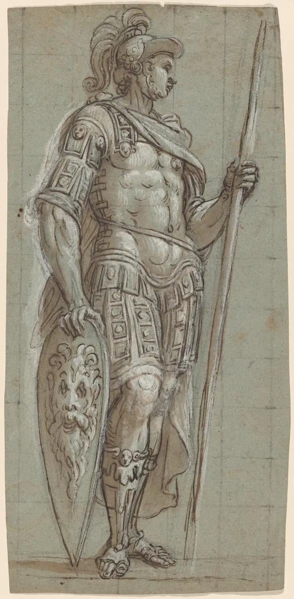 A Soldier in Ancient Roman Costume with Pike and Shield by Lattanzio Gambara, drawing, 1572-1573