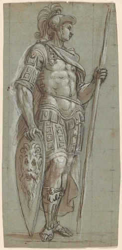 A Soldier in Ancient Roman Costume with Pike and Shield by Lattanzio Gambara, drawing, 1572-1573
