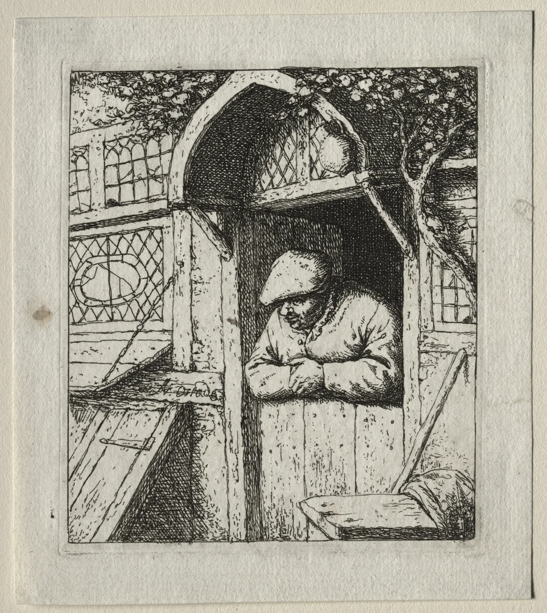Peasant Leaning on His Doorway by Adriaen van Ostade, print, 1647-1657