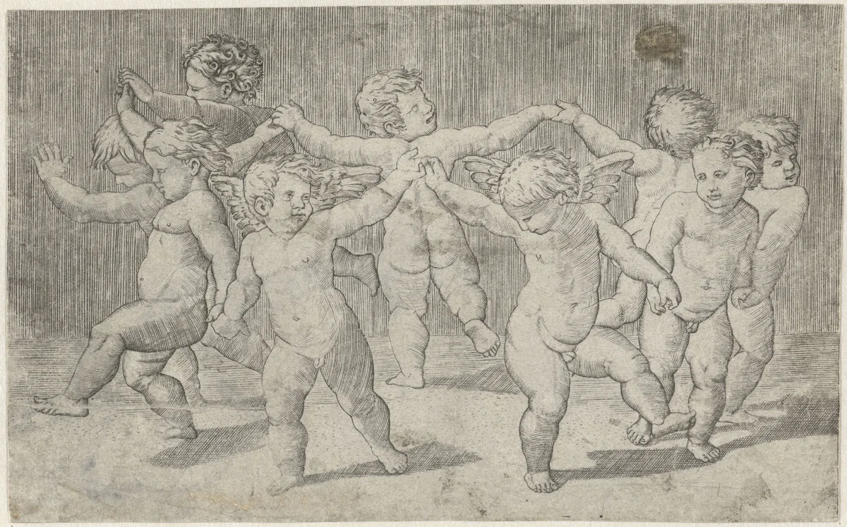 Dansende putti by anonymous, print, 1517-1575