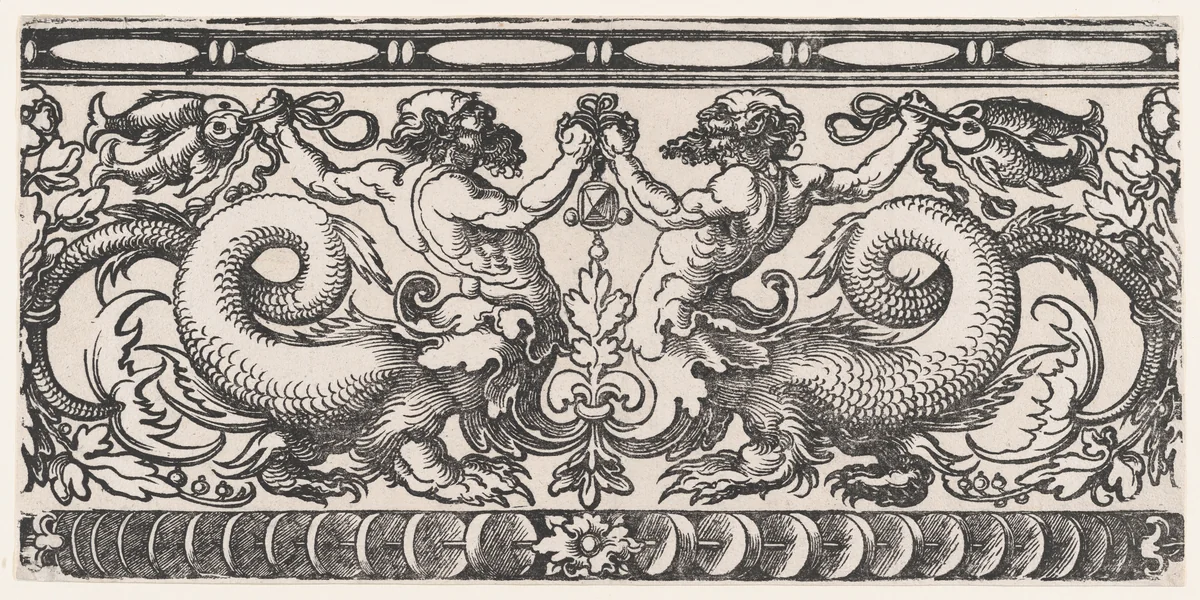 Symmetric Ornamental Frieze with Two Fighting Hybridic Creatures (Half Satyr, Half Dragon) holding Fish by Sebald Beham, print, 1500-1550