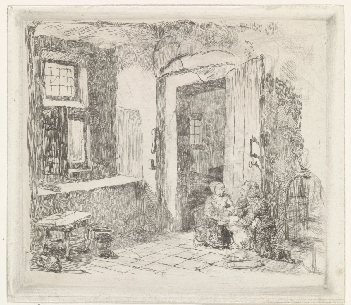 Interieur met openstaande deur by David van der Kellen, print, 1837-1882
